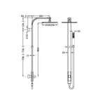 Technical drawing of Nero Astra square twin shower in chrome, showing wall-mounted rail, overhead head and hand shower with measurements