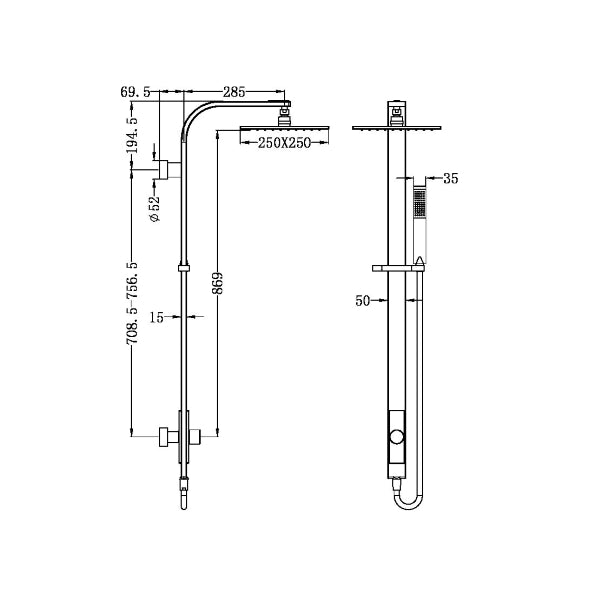 Technical drawing of Nero Astra square twin shower in chrome, showing wall-mounted rail, overhead head and hand shower with measurements