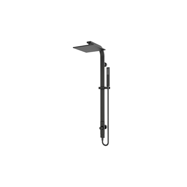 Nero Astra square twin shower set in matte black with overhead rain head, handheld rail and hose on wall rail