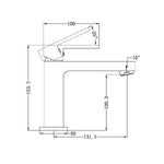 Technical drawing of Nero Ecco basin mixer tap in chrome, side view with dimensions and angles marked