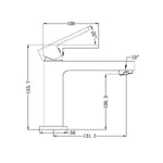 Nero Ecco basin mixer technical drawing in matte black, showing side view with dimensions and angles
