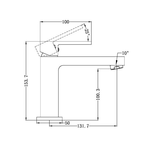 Nero Ecco basin mixer technical drawing in matte black, showing side view with dimensions and angles