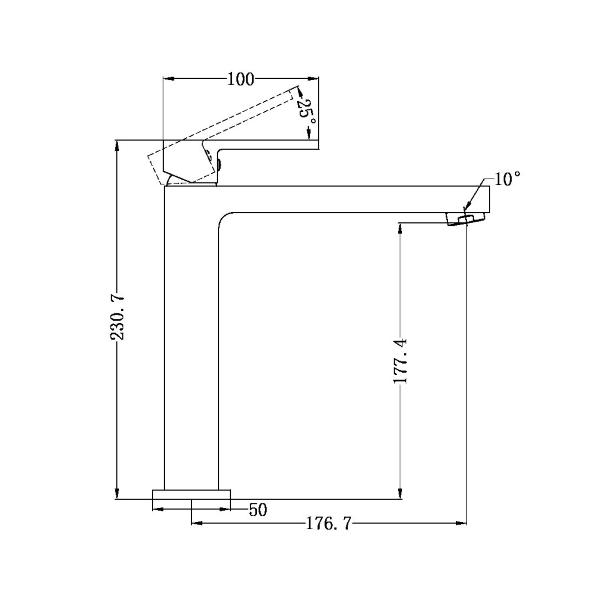 Technical line drawing of Nero Ecco tall basin mixer in matte black, showing side view dimensions and spout height for above-counter basins