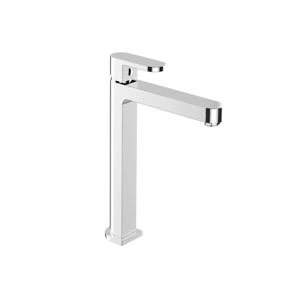 Nero Ecco tall basin mixer in chrome, single lever tap with square spout on white background