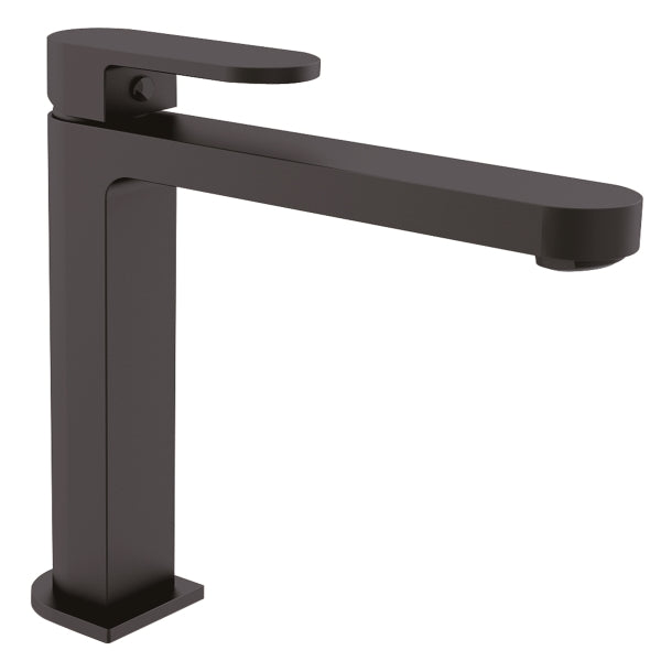 Nero Ecco tall basin mixer tap in matte black with square base, straight spout and single lever handle on white background