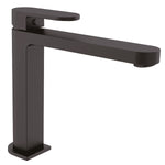 Nero Ecco tall basin mixer tap in matte black with square base, straight spout and single lever handle on white background