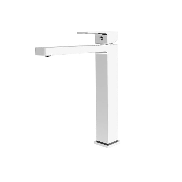 Nero Celia tall basin mixer in chrome, modern square chrome tap on white background, angled view