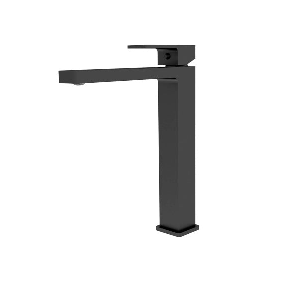 Nero Celia tall basin mixer tap in matte black, shown on white background with sleek rectangular spout and lever.