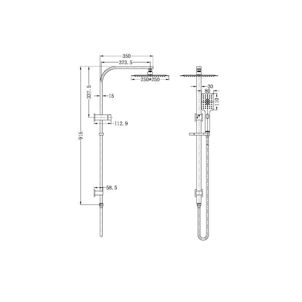 Nero Celia square twin rail shower set in matte black, shown in technical drawing with dimensions and overhead head