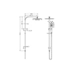 Technical drawing of Nero Celia square twin shower set in brushed nickel, showing wall-mounted rail, overhead head and hand shower