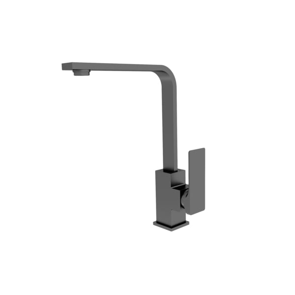 Nero Celia kitchen mixer tap in matte black, tall gooseneck design with square base and side lever handle