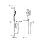 Technical drawing of Nero Rain Square 3 function rail shower chrome, showing dimensions and wall-mounted rail layout