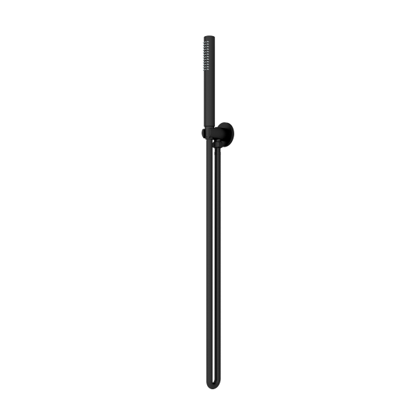 Nero Slim hand shower on wall bracket, matte black, with flexible hose, shown on white background