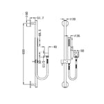 Nero Dolce chrome shower rail with slim hand shower, shown in technical drawing with dimensions and wall mount details