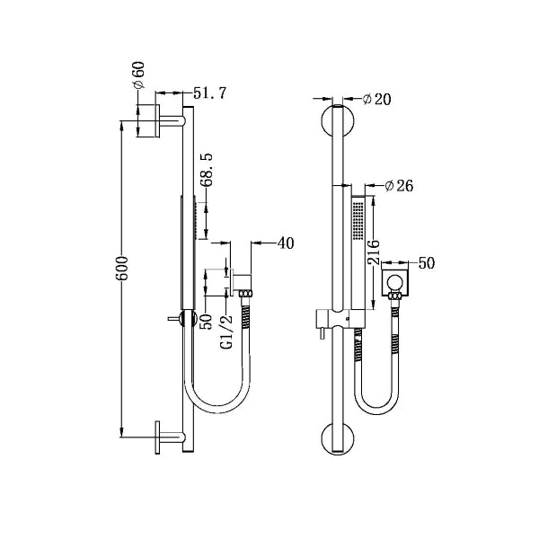 Nero Dolce chrome shower rail with slim hand shower, shown in technical drawing with dimensions and wall mount details