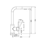 Technical drawing of Nero pull-out sink mixer in chrome, showing side profile and dimensions for installation and clearance