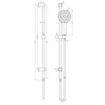 Technical drawing of Nero 3 function shower rail in brushed gold, showing front and side views with dimensions