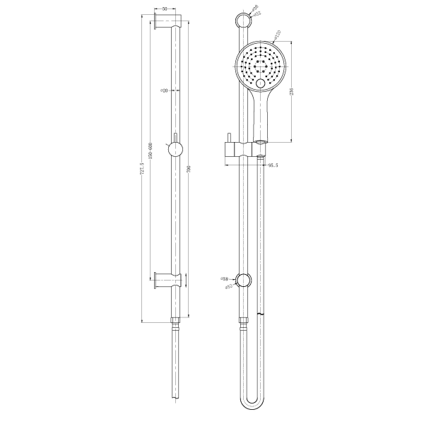 Technical drawing of Nero 3 function shower rail in brushed gold, showing front and side views with dimensions