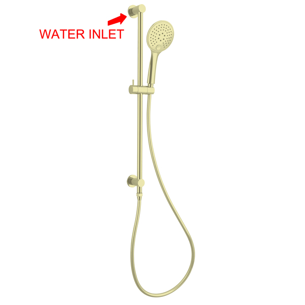 Nero 3 function shower rail in brushed gold with hand shower, hose and wall mounts on white background