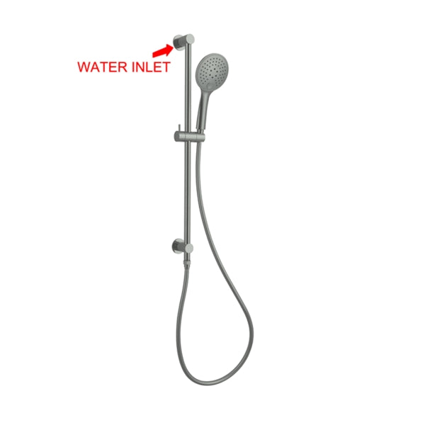 Nero 3 function shower rail in gun metal, wall-mounted with handheld shower and hose, front view with water inlet