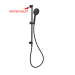 Nero 3 function shower rail in matte black with hand shower, hose and wall-mounted rail on white background