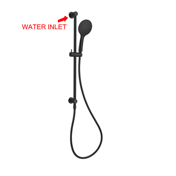 Nero 3 function shower rail in matte black with hand shower, hose and wall-mounted rail on white background