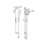 Nero 3 function shower rail in gun metal, shown in technical drawing with dimensions and hand shower detail