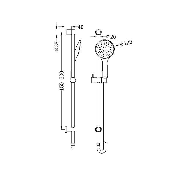 Nero 3 function shower rail in gun metal, shown in technical drawing with dimensions and hand shower detail