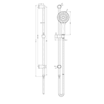 Nero 3 function shower rail technical drawing in matte black, showing wall-mounted rail, hand shower and hose with dimensions