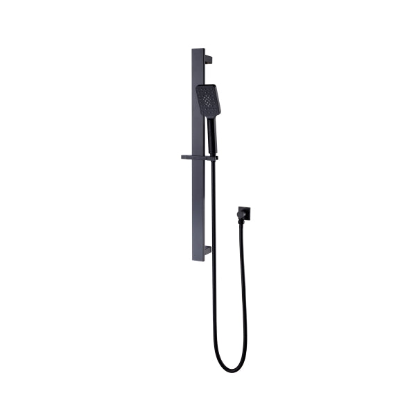 Nero Celia wall-mounted shower rail in matte black with handset and hose, front view on white background