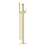 Nero Bianca freestanding bath mixer with hand shower in brushed gold, floor-mounted tapware shown on white background