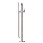Nero Bianca freestanding bath mixer with hand shower in brushed nickel, floor-mounted tap with slim round spout and hose end shower