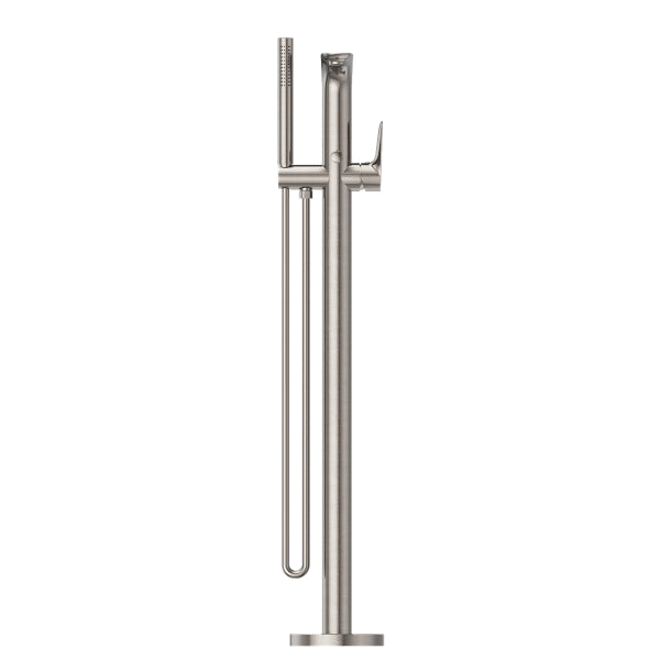Nero Bianca freestanding bath mixer with hand shower in brushed nickel, floor-mounted tap with slim round spout and hose end shower