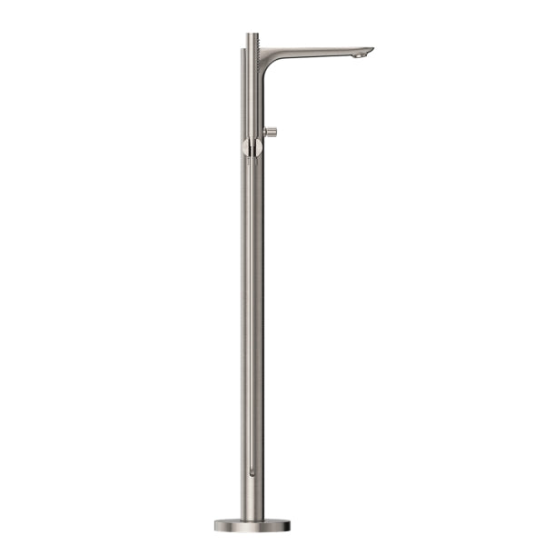 Nero Bianca freestanding bath mixer with hand shower in brushed nickel, floor-mounted tap on white background
