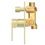 Nero Bianca shower mixer with diverter, brushed gold tap body shown in side profile with internal brass fittings visible