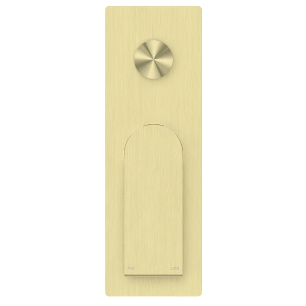Nero Bianca shower mixer with diverter in brushed gold, rectangular wall plate with round control knob