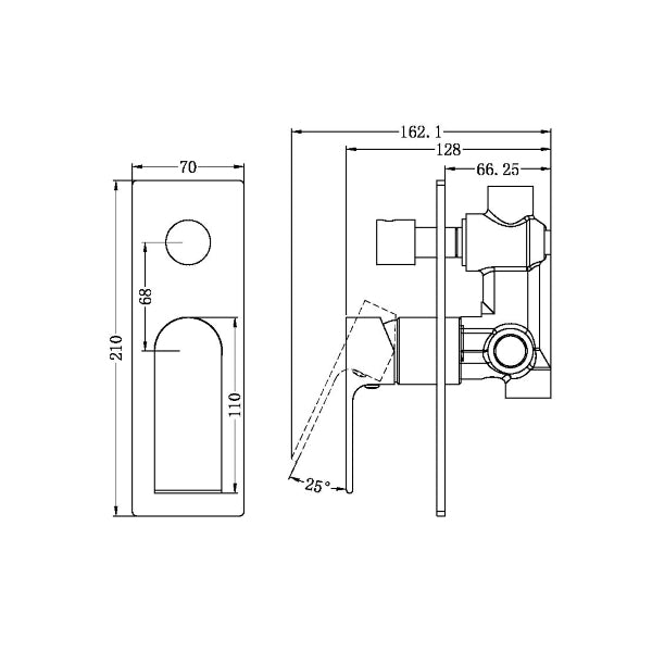 Technical drawing of Nero Bianca shower mixer with diverter, matte black, showing front and side dimensions for wall installation