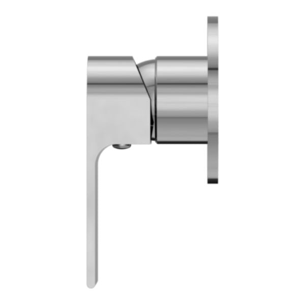 Nero Bianca shower mixer in chrome, side view, with round 80mm wall plate and slim lever handle