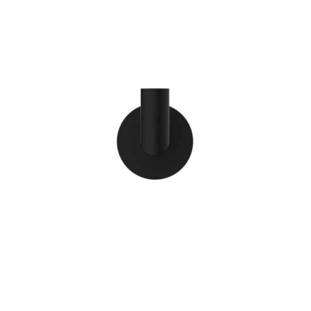 Nero Dolce robe hook in matte black, front view, round wall plate and single hook on white background