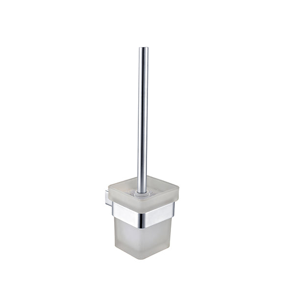 Nero Celia chrome toilet brush holder with square frosted base and stainless steel handle, on white background