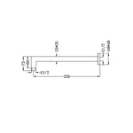 Technical drawing of Nero Square Shower Arm in matte black, showing L-shaped wall-mounted arm and dimensions.