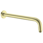 Nero Round shower arm in brushed gold, shown in a straight side view with round wall plate and curved end thread