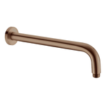 Nero round wall shower arm in brushed bronze, shown in a straight-on view with curved gooseneck design