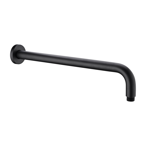 Nero Round wall-mounted shower arm, matte black gooseneck brass finish, side view