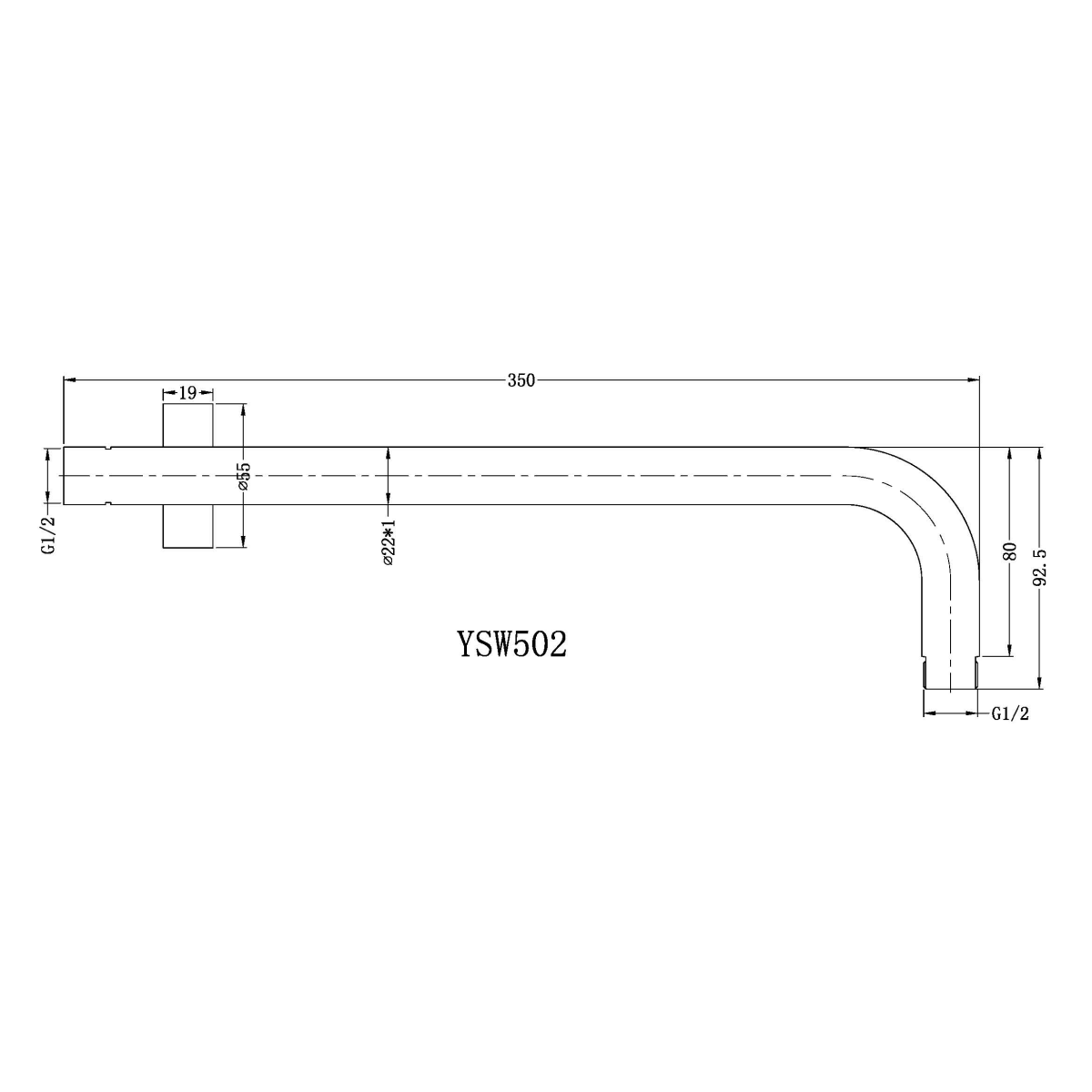 Technical drawing of Nero round shower arm, brushed gold, 350mm length, with G1/2 threads and gooseneck bend