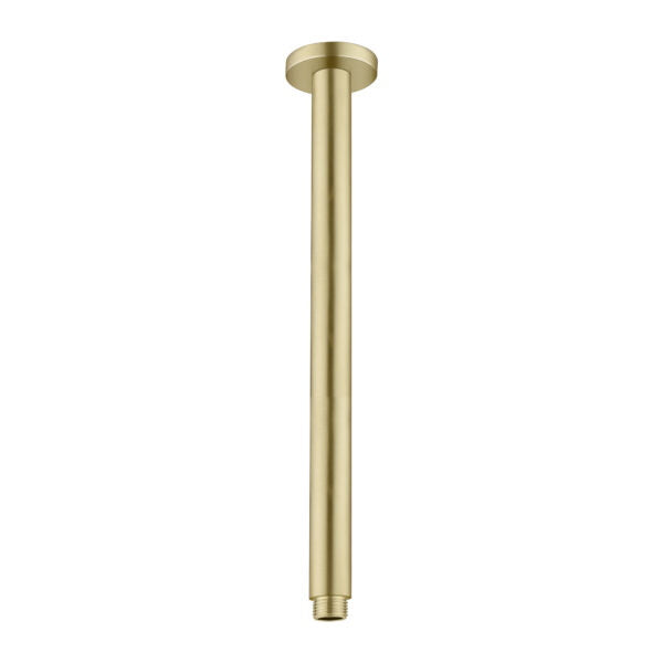Nero round ceiling shower arm 300mm in brushed gold finish, straight vertical brass tube with ceiling plate