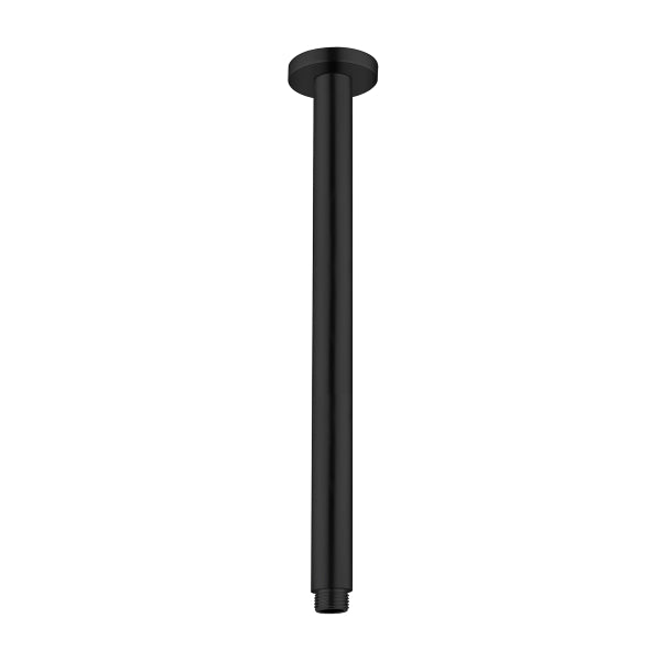 Nero round ceiling shower arm, 450mm, matte black, with round plate and threaded end on white background