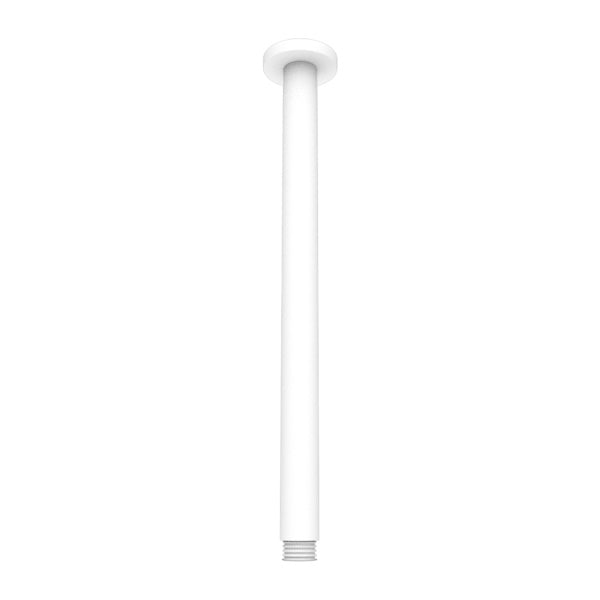 Nero round ceiling shower arm 300mm in matte white, ceiling mounted, shown front-on on white background