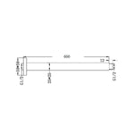 Nero square chrome ceiling shower arm, 600mm length, technical drawing with G1/2 connections