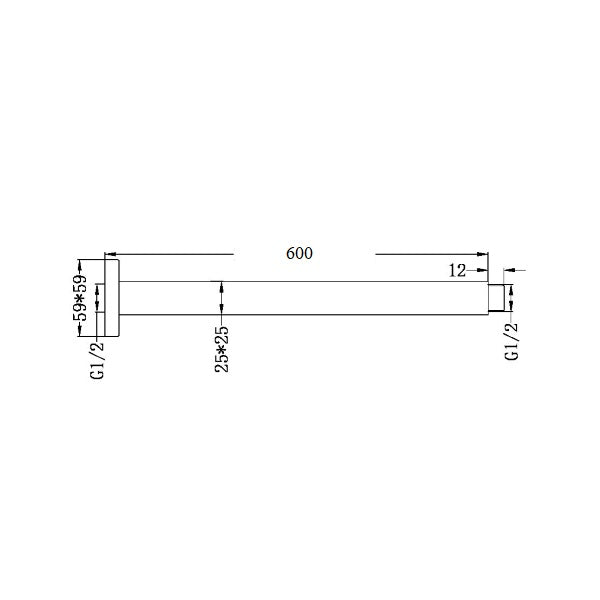 Nero square chrome ceiling shower arm, 600mm length, technical drawing with G1/2 connections